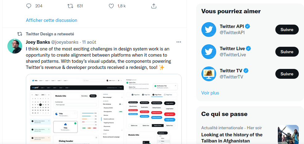Screenshot of Twitter page following changes made to interface in 2021 (the follow button is black for higher contrast).